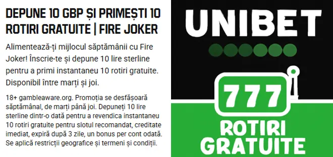 Promoție Unibet cu 100 rotiri gratuite